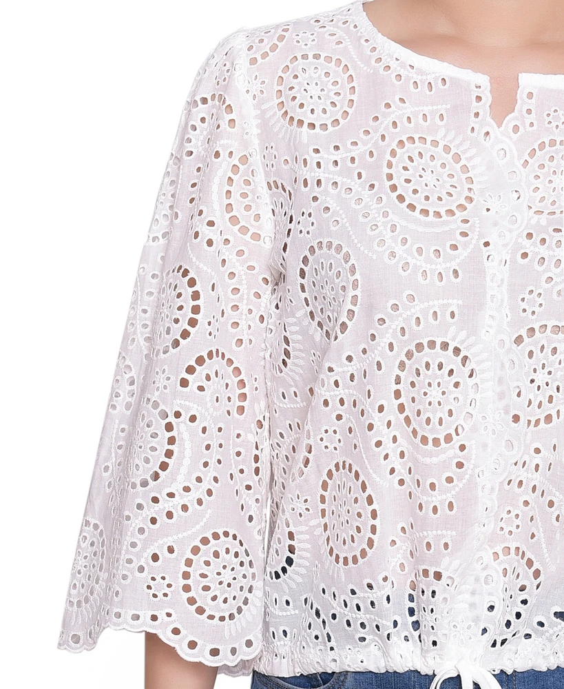 Ny Collection Women's 3/4 Sleeve Eyelet Top