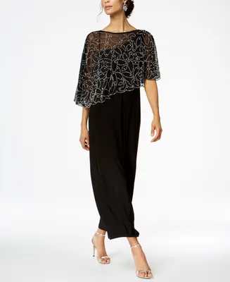 Msk Women's Boat-Neck Embellished-Cape Jersey-Knit Gown