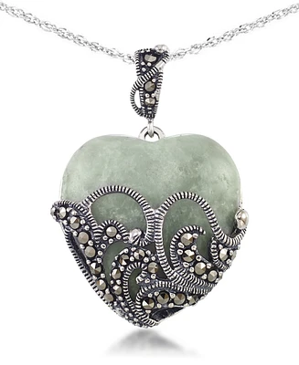 Green Jade (24 x 24mm) & Marcasite Heart Pendant on 18" Chain in Sterling Silver