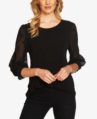 CeCe Women's Mixed Media 3/4-Sleeve Crew Neck Knit Blouse