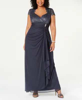 B&A by Betsy & Adam Plus Sequined-Lace Ruched Gown