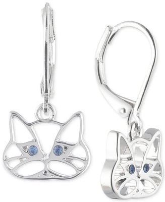 Pet Friends Jewelry Silver-Tone Blue Crystal Cat Drop Earrings