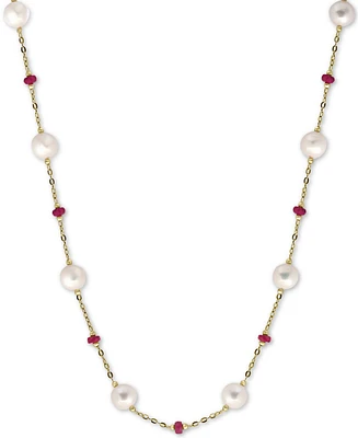 Effy Cultured Freshwater Pearl (8mm) & Ruby (3-1/3 ct. t.w.) 18" Statement Necklace in 14k Gold (Also in Sapphire)