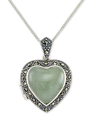 Jade (13mm) & Marcasite Heart Locket 18" Pendant Necklace in Sterling Silver
