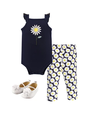 Hudson Baby Baby Girls Hudson Cotton Bodysuit, Pant and Shoe 3pc Set, Daisy, 6-9 Months