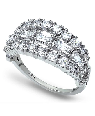 Cubic Zirconia 3 Row Emerald Round Prong Set StonesRing Silver Plate