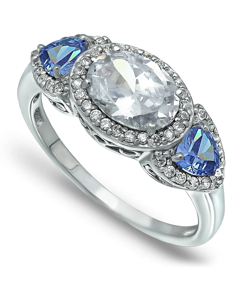 Cubic Zirconia Oval with Tanzanite Cz Accents 3 Stone Ring Silver Plate