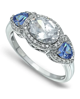 Cubic Zirconia Oval with Tanzanite Cz Accents 3 Stone Ring Silver Plate