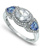 Cubic Zirconia Oval with Tanzanite Cz Accents 3 Stone Ring Silver Plate