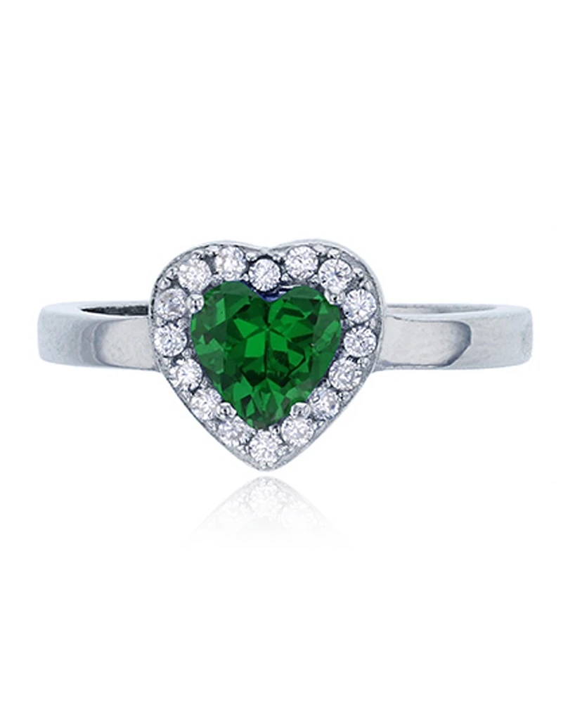 Red, Green or Purple Heart Cubic Zirconia Halo Ring Rhodium Plated Sterling Silver