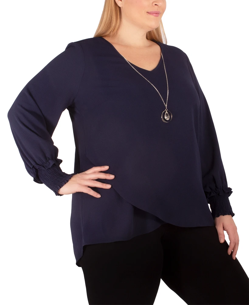 Plus Size Long Sleeve Overlapping Crepe Top with Necklace
