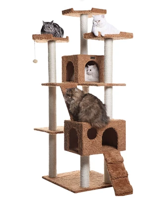 Armarkat 74" Multi-Level Real Wood Cat Tree with ScratchhIng Posts, Large Platform, and Sisal Scratching Posts in Ochre Brown