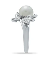 Imitation Pearl Cubic Zirconia Dragonfly Ring Silver Plate