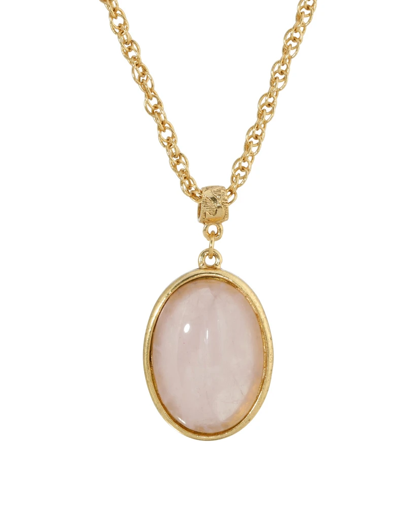 2028 14K Gold Plated Semi Precious Rose Quartz Oval Pendant Necklace