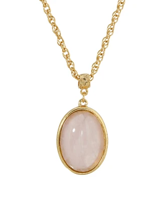2028 14K Gold Plated Semi Precious Rose Quartz Oval Pendant Necklace
