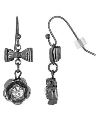 2028 Black-Tone Crystal Flower Bow Drop Earrings
