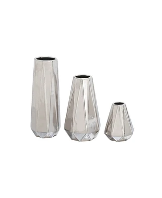 CosmoLiving by Cosmopolitan Set of 3 Silver Stoneware Glam Vase, 7", 11", 15"