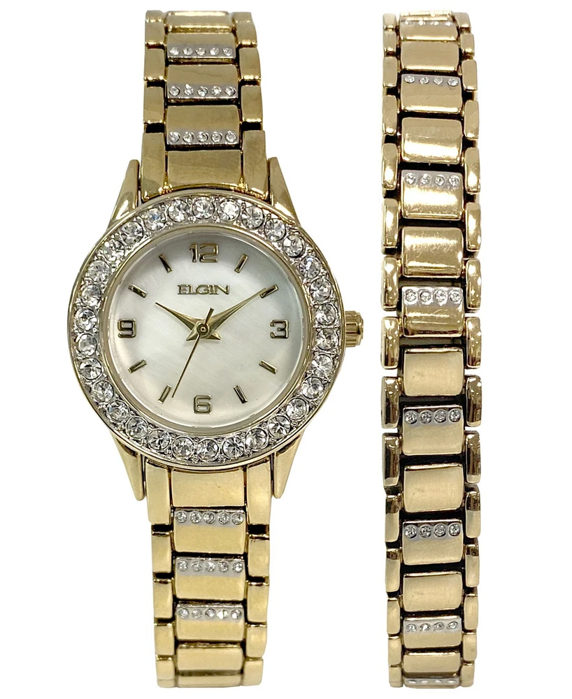 Elgin Women's Ion Plating Logo Etched On Crown Gold-Tone Strap Watch and Bracelet Set