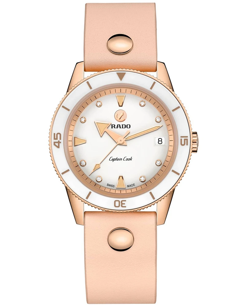 Rado Women's Swiss Automatic Captain Cook Diamond (1/20 ct. t.w.) Pink Leather Wrap Strap Watch 37mm