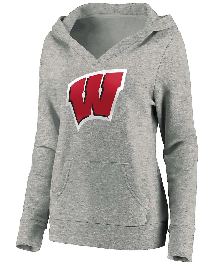 Women's Heathered Gray Wisconsin Badgers Primary Logo V-Neck Pullover Hoodie
