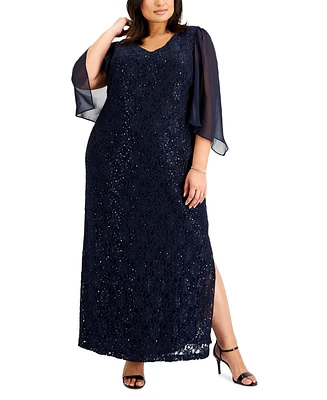 Connected Plus Size Sheer-Sleeve Lace Gown