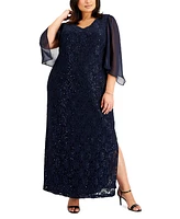 Connected Plus Size Sheer-Sleeve Lace Gown