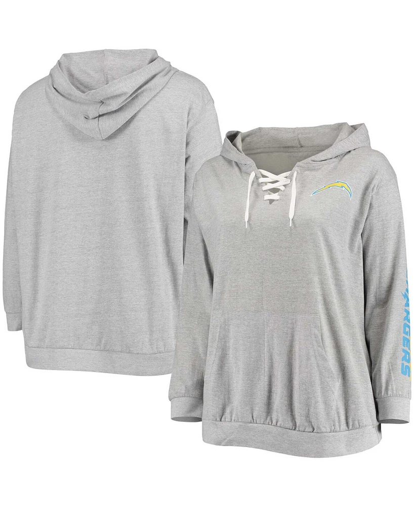 Women's Plus Heathered Gray Los Angeles Chargers Lace-Up Pullover Hoodie
