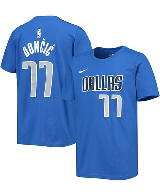 Big Boys and Girls Luka Doncic Royal Dallas Mavericks Logo Name and Number T-shirt