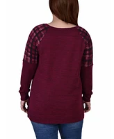 Plus Size Long Sleeve Knit with Print Shoulder Insets Top
