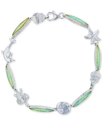 Lab-Created Opal Nautical Theme Link Bracelet in Sterling Silver
