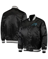 Men's Starter Black Carolina Panthers Locker Room Satin Varsity Full-Snap Jacket