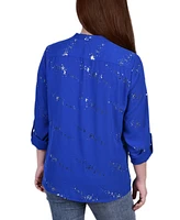 Petite 3/4 Sleeve Roll Tab Blouse with Metallic Details Top