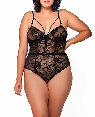 iCollection Plus Size Gabriel Embroidered Lace and Mesh Bodysuit