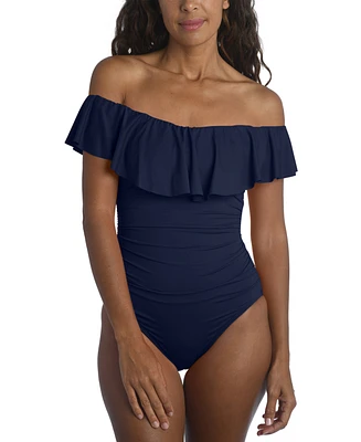 La Blanca Island Goddess Off-The-Shoulder Ruffled Tummy-Control One-Piece Swimsuit