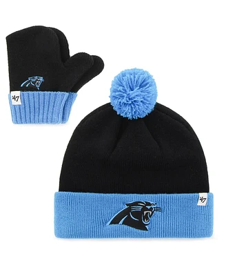 Toddler Unisex Black and Blue Carolina Panthers Bam Bam Cuffed Knit Hat with Pom and Mittens Set