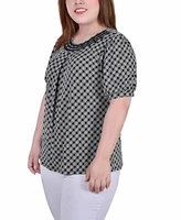 Plus Short Puff Sleeve Sheer Inset Top