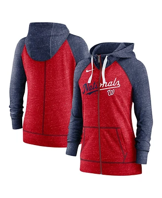 Women's Nike Heathered Red and Navy Washington Nationals Split Wordmark Gym Vintage-Like Raglan Slub Full-Zip Hoodie