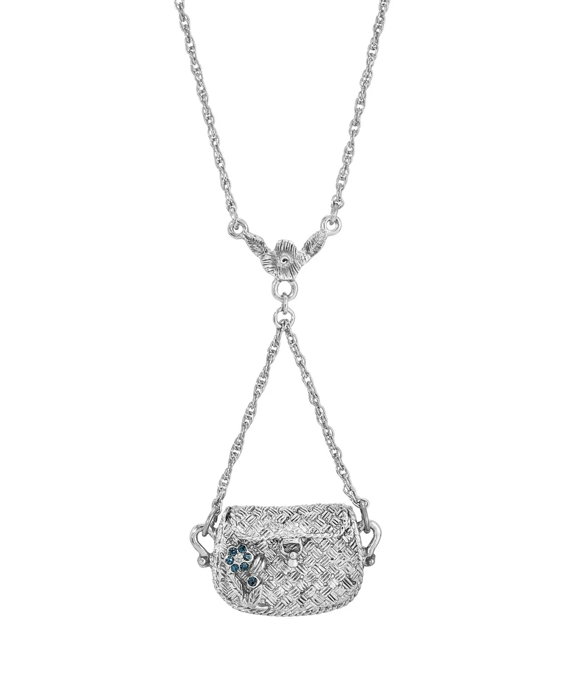 2028 Silver-Tone Blue Crystal Flower Purse Necklace