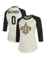 Women's Majestic Threads Tyrann Mathieu Cream, Black New Orleans Saints Name & Number Raglan 3/4 Sleeve T-shirt
