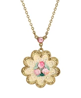 2028 Gold-Tone White Pink Rose Knit Flower Necklace