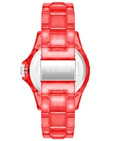 Steve Madden Women's Analog Transparent Red Plastic with Rainbow Crystal Bracelet Watch, 40mm