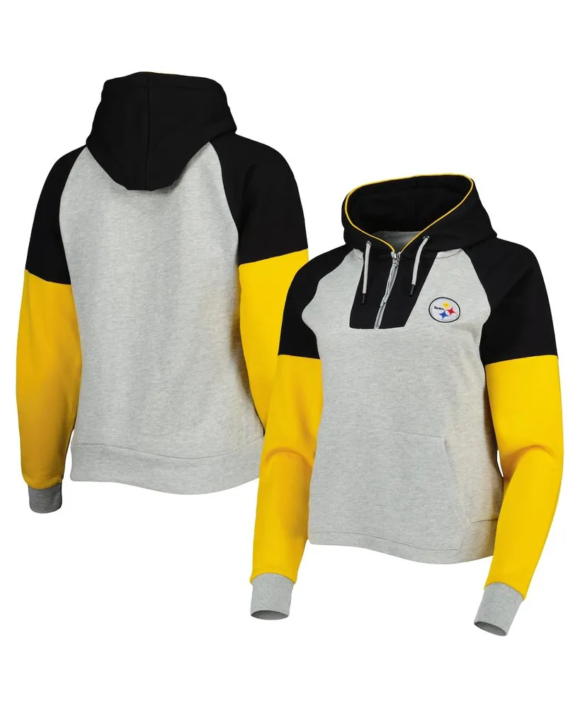 Women's Antigua Heathered Gray, Black Pittsburgh Steelers Jackpot Raglan Half-Zip Pullover Hoodie