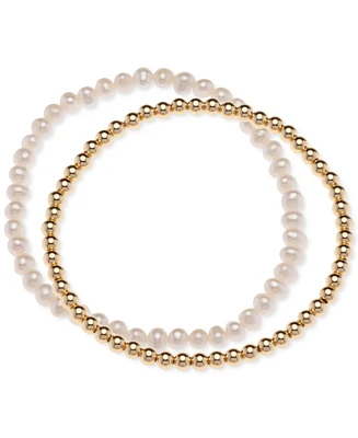 2-Pc. Set Cultured Freshwater Pearl (4-1/2 - 5mm) & Polished Bead Stretch Bracelets in 18k Gold-Plated Sterling Silver