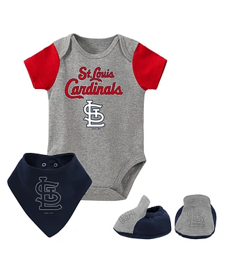 Newborn and Infant Boys and Girls Heathered Gray St. Louis Cardinals Three-Piece Bodysuit Bib and Bootie Set