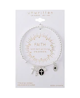 Unwritten Silver-Plated Cross "Faith" Multi Charm Twist Design Bangle Bracelet