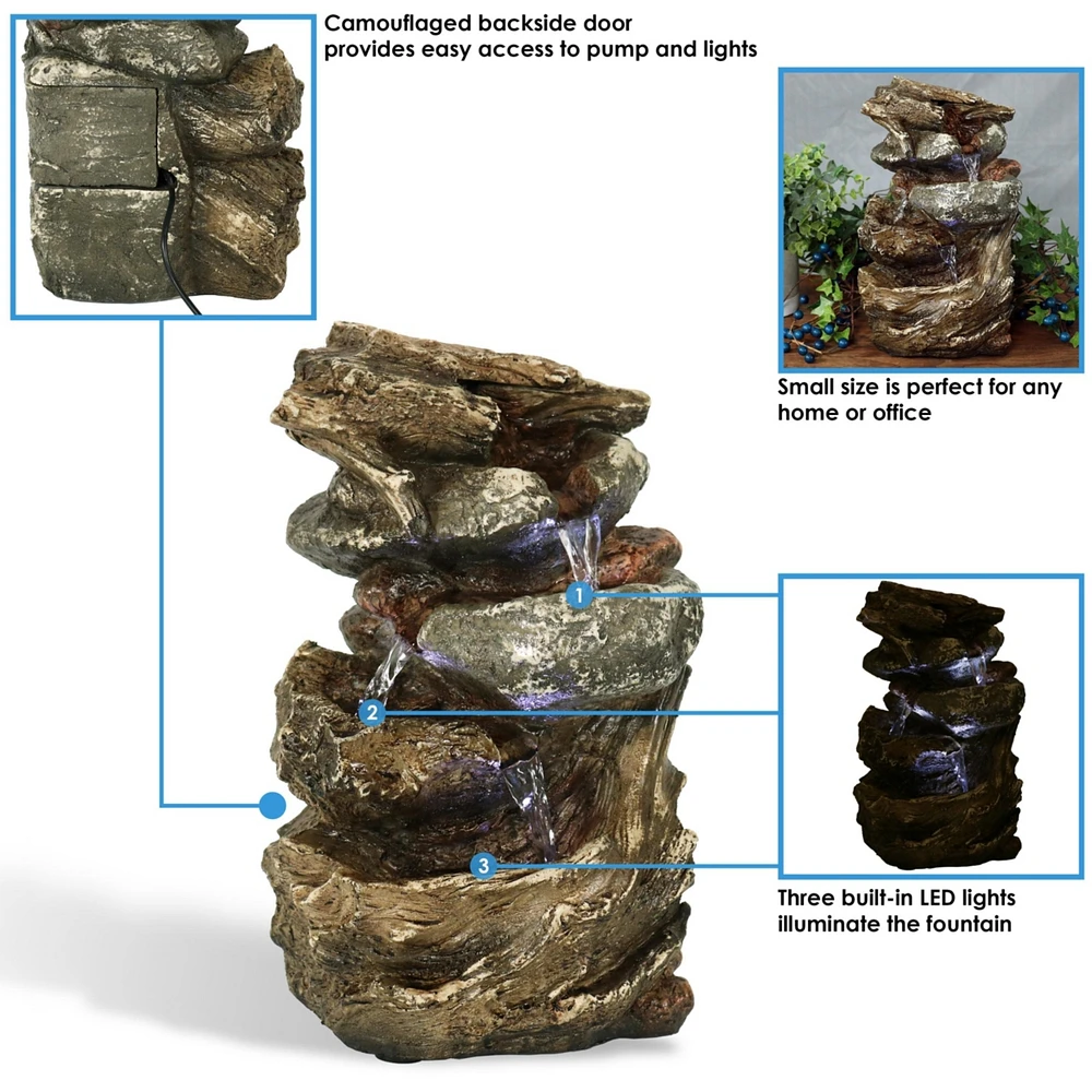 Indoor Home Decorative Tiered Rock and Log Waterfall Tabletop Water Fountain with Led Lights - 10"