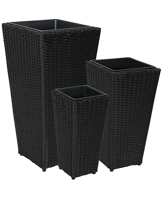 Decorative Square Polyrattan Basket-Style Planters - 9", 11.5", and 14.75" Square - Black - 3-Piece Set