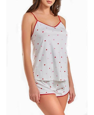 iCollection Women's Kyley Heart Printed Pajama Short Set Trimmed Red