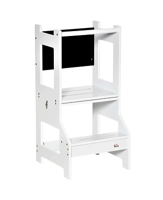 Qaba 2in1 Kids Kitchen Step Stool Table Chair Set w/ Chalkboard, White