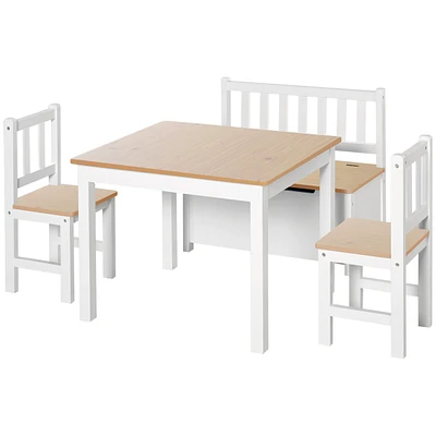 Qaba 4-Piece Kids Table Set with 2 Wooden Chairs, 1 Storage Bench